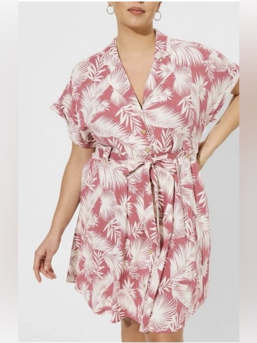 Torrid Dusty Rose Pink Tropical Palm Leaf Shirt Dress Size 1X (14/16)